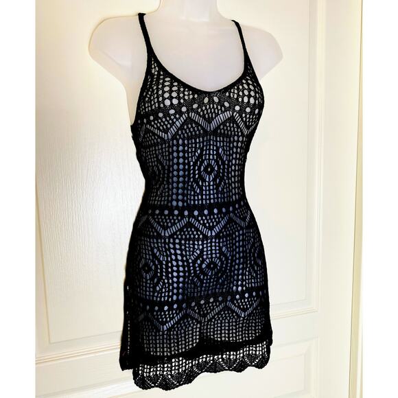 New M Black Knit Crochet Swimsuit Cover Up Mini Dress Slit Beach Sarong Kaftan - Picture 5 of 7